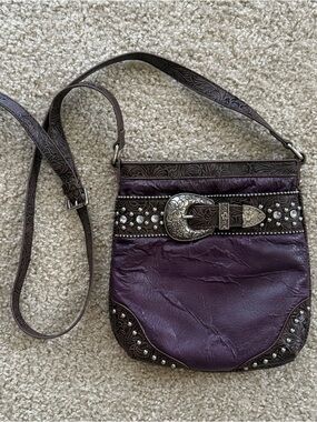 Western Tooled Crossbody Bag Purple Studded Buckle Boho Cowgirl Purse